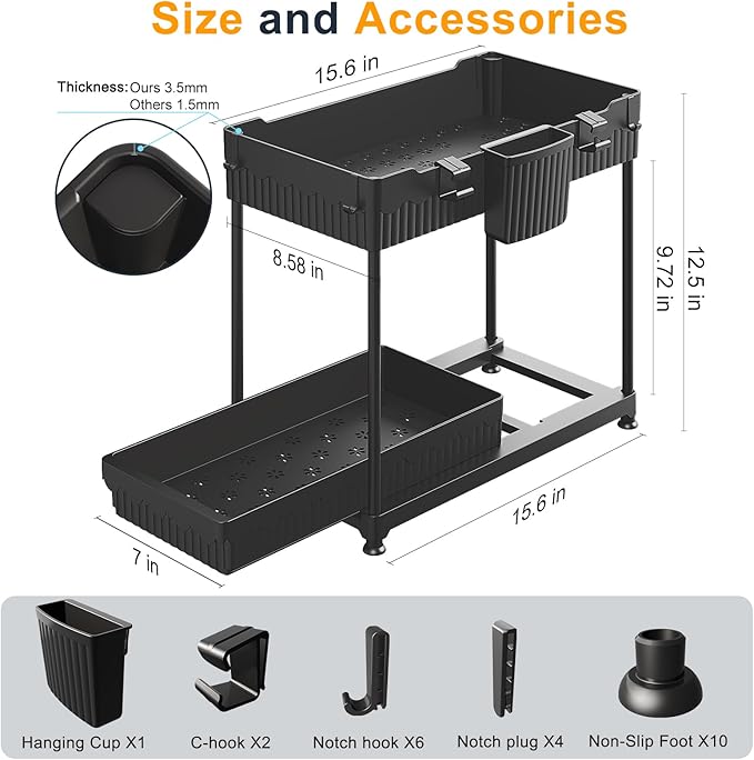 2 Pack Multi-Purpose Under Sink Organizers and Storage, 2025 Pull Out Cabinet Organizer for Bathroom & Kitchen, Under Cabinet Organizer with Hooks Hanging Cup, Black
