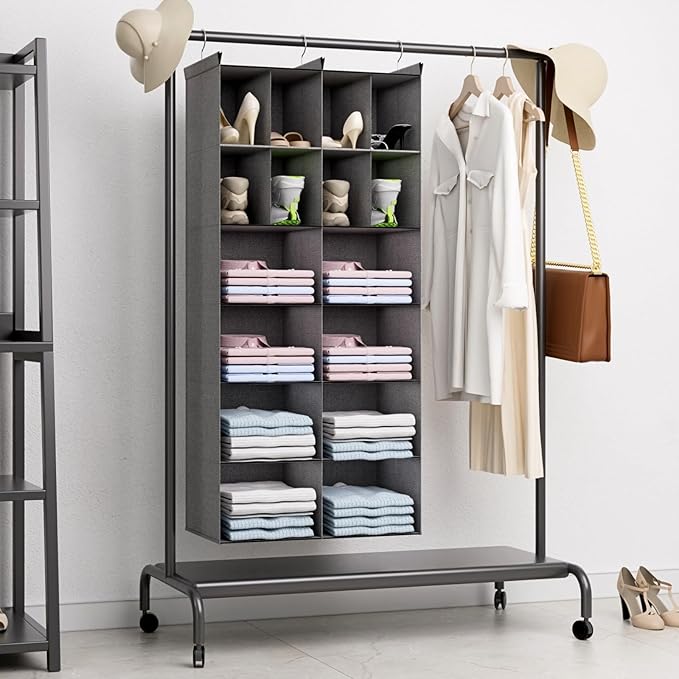 6 Tier Hanging Closet Organizer, 16 Compartments Sweater Organizer for Closet with 3 Sturdy Hooks, Closet Organizers and Storage, Wardrobe, Rv, Garment Rack, Grey