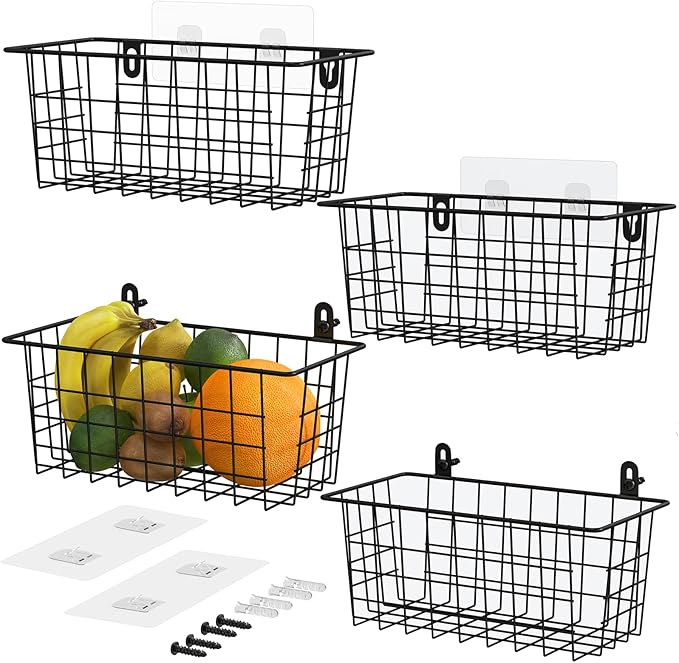 MaraFansie Hanging Wire Baskets Kitchen Storage Basket Adhesive and Screws Basket Over the Cabinet Door Organizer with Adhesive Strips and Screws Accessories, 2 Installations, 4 Pack, Black