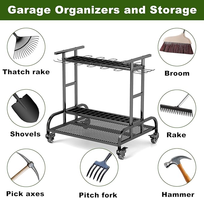Garden Tool Organizer with Wheels, Large Capacity Garage Tool Rack with Hooks, for Broom, Shovel, Long Handled Tools, Metal Yard Tool Organizer for Garage, Shed, Outdoor