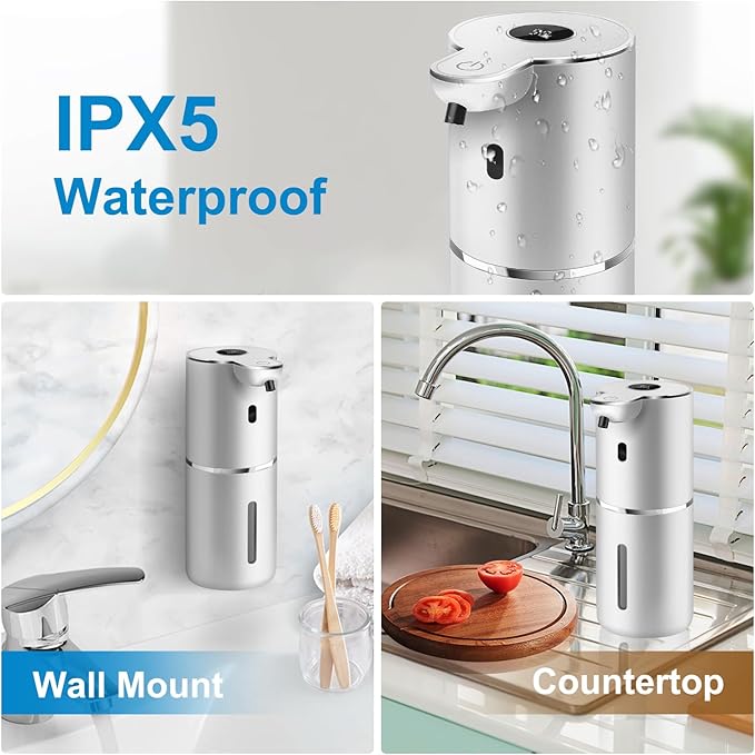 Automatic Foaming Soap Dispenser 12.8oz, Rechargeable & 6 Levels Foaming Adjustable with Digital Display, Wall Mount, Waterproof, Touchless Hand/Dish Soap Dispenser for Kitchen, Bathroom, Hotel