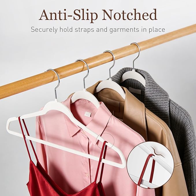 Velvet Hangers 50 Pack, Slim Non-Slip Clothes Hangers Space-Saving for Closet, Heavy Duty for Pants, Coats, Skirts, Jeans, Sweaters and More, Nylon-Flocked, White