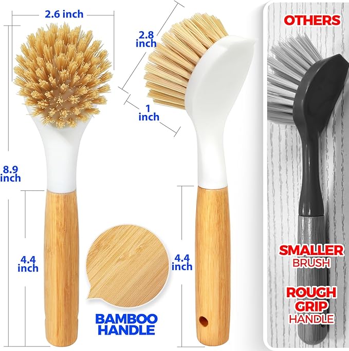 Holikme 3 Pack Dish Brush Set with Bamboo Handle, Kitchen Brushes for Cleaning Pot, Sink and Stove, Skillet Scrubber with Tough Bristles for Cast Iron Grill Pan, Yellow White Black