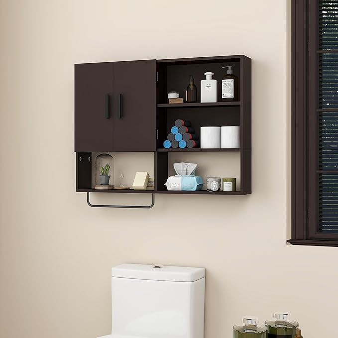 Wooden Bathroom Organizers, Over The Toilet Storage Cabinet with 2 Doors, Adjustable Shelves & Towel Bar, Wall Mounted Medicine Cabinet for Kitchen & Laundry, Espresso