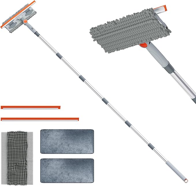 6.4FT Extendable 2-in-1 Window Squeegee & Scrubber with Long Handle, 180° Adjustable Head, Streak-Free Silicone Blade, Multi-Purpose Glass Cleaning Tool for High Windows, Mirrors & Car Windshields