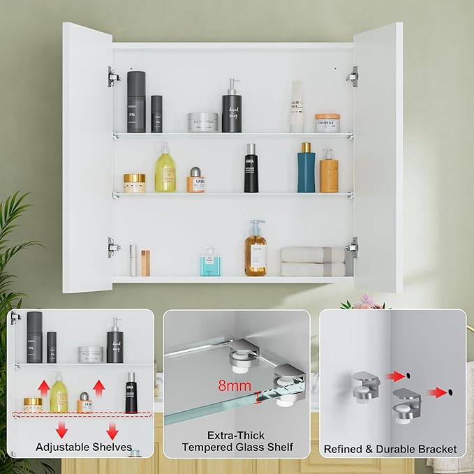 Buruis 30" x 30" Framed Medicine Cabinet with Mirror, Recessed or Wall Mounted Bathroom Cabinet, Adjustable Tempered Glass Shelves, Left/Right Open Reversible, No Assembly Required, White