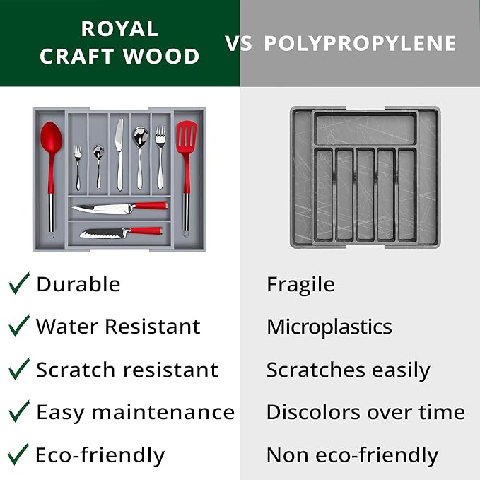 Luxury Bamboo Kitchen Drawer Organizer - Silverware Organizer - Utensil Holder and Cutlery Tray with Grooved Drawer Dividers for Flatware and Kitchen Utensils (9 Slot, Gray)