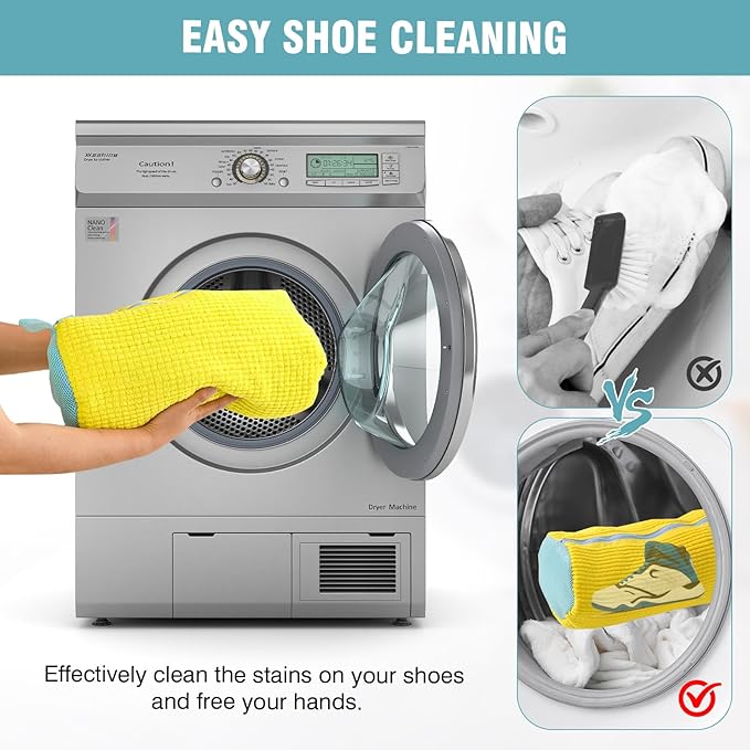 XXL Shoe Washing Machine Bag, 1 Pack Laundry Shoe Bag for Washer and Dryer, Sturdy Zipper with Hook Design, Dry Net Bag Included, Reusable for Sneaker, Tennis, Yellow 1PCS