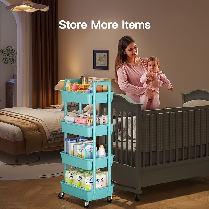 Pipishell 4-Tier Rolling Cart, Plastic Cart with Lockable Wheels & Reinforced Handle, Lightweight Utility Storage for Nursery, Bathroom, Craft Room, PIUC15TB
