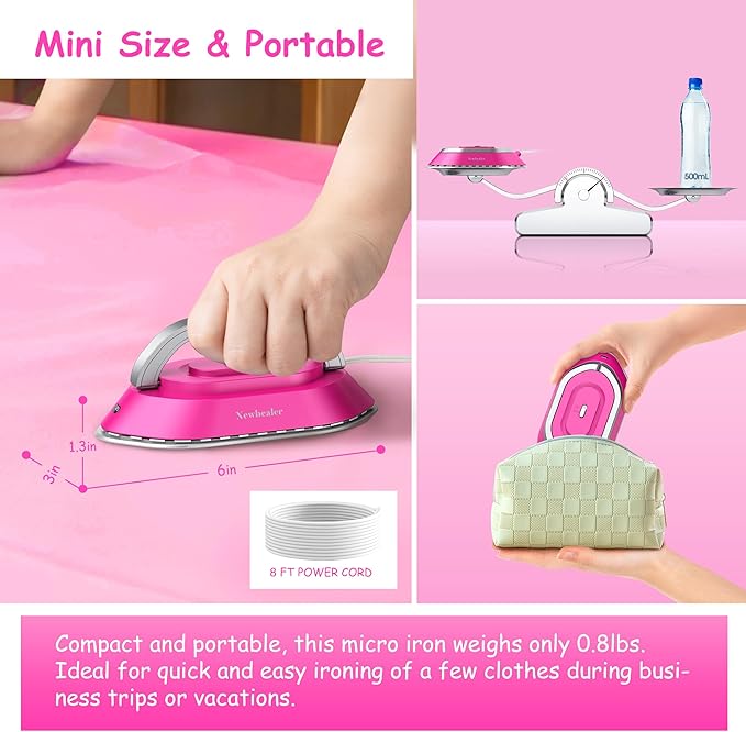 Newbealer Travel Iron with Global Voltage, 100-240V Mini Dry Iron for Clothes (No Steam), Max 300W, 60s Heat Up, 302℉ Non-Stick Ceramic Soleplate, 0.8lbs Ultra-Lightweight (Hotpink)
