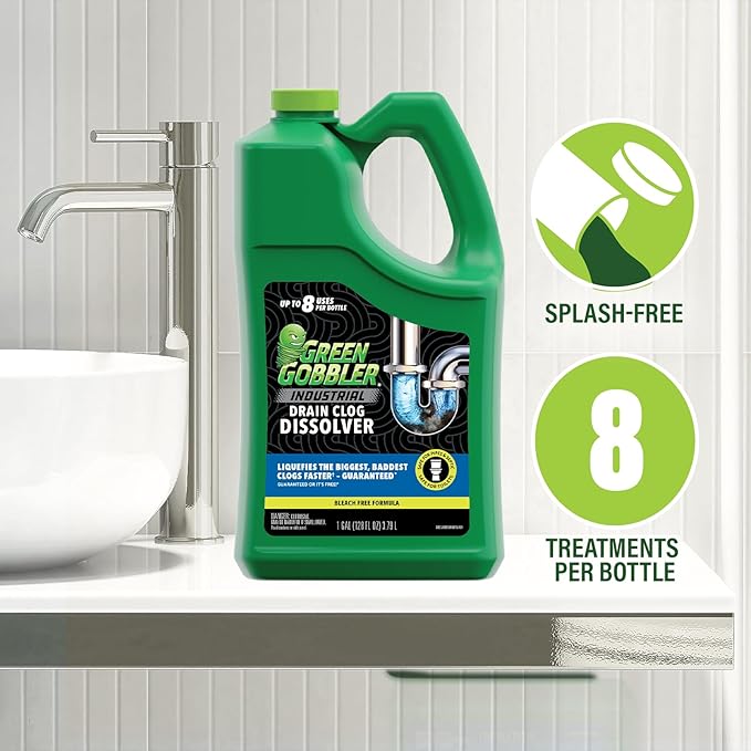 Green Gobbler Industrial Strength Grease and Hair Drain Clog Remover | Drain Cleaner Gel | Safe for Pipes, Toilets, Sinks, Tubs, Drains & Septic Systems | 1 Gallon