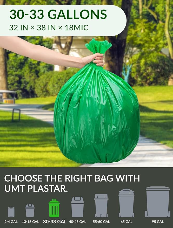 200 Count 100% Biodegradable & Compostable Trash Bags - 30-33 Gallon, 18 Microns, 32x38 Inches, Green Eco-Friendly