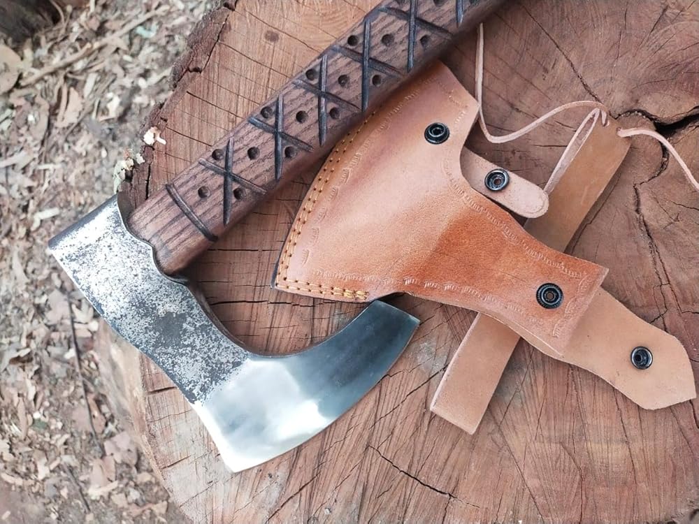 Kacha Store | custom handmade Viking medieval Axe with Viking gift,Hand Axe,Viking Gifts for Men,Camping Tomahawk,Bearded,Valhalla Axe with Leather Sheath (Battle axe) (Ragnar Ax)