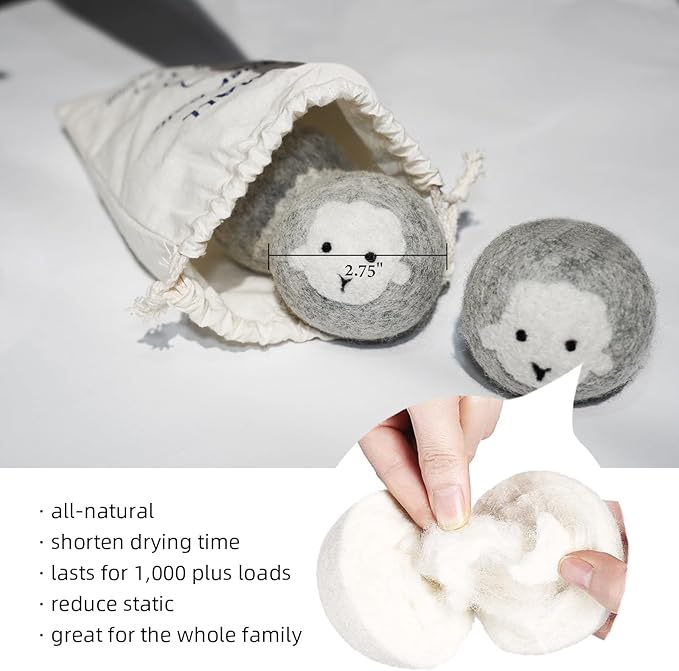 Wool Dryer Balls Handmade 6 Pack XL,organic wool dryer balls laundry reusable 1000 Loads,100% Natural New Zealand Wool Fabric Softener-anti static laundry,Reduces Drying Time,Baby Safe & Odorless gray