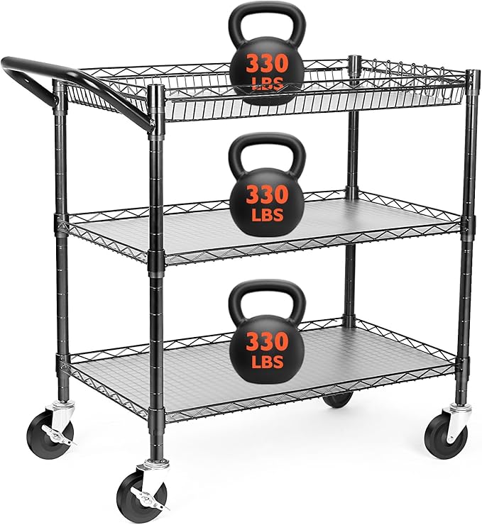 Heavy Duty Utility Cart, 990Lbs Capacity 3 Tier Rolling Carts with Wheels, Kitchen Cart on Wheels with Storage, Commercial Grade Metal Serving Carts with Wire Shelving &Handle Bar, Black