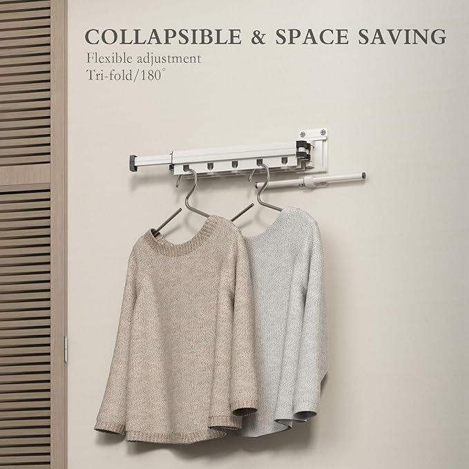 Clothes Drying Rack Wall Mounted Foldable Laundry Drying Rack Collapsible/Retractable Space Saving Laundry Hanger Dryer Rack with Additional Bar-Matte White