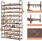 LANTEFUL Tall Shoe Rack 10 Tier Shoe Organizer Large Shoe Shelf with 18 Hooks Storage for 50 Pair Sneaker and Boot, Stackable Vertical Shoe Rack Organizer for Closet, Entryway, Bedroom, Brown