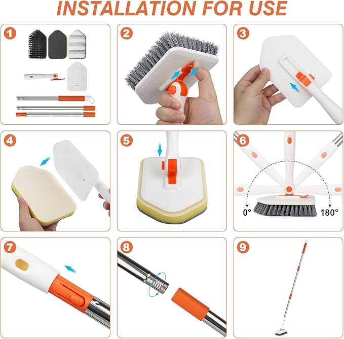 Shower Cleaner Brush, 3-in-1 Tile Tub Scrubber Brush with 51" Adjustable Long Handle, 3 Different Function Cleaning Heads, Scrub Brush for Bathroom, Kitchen, Walls, Bathtub, Sink