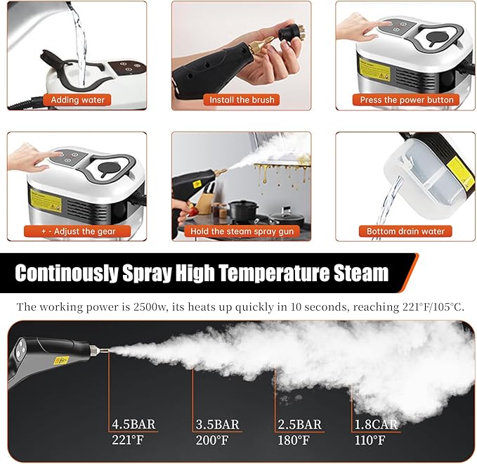 Steam Cleaner, Fast 10-Sec Heat-Up,1.2L Tank,6-Level Adjustable Handle,2500w Steamer for Cleaning, Handheld Steam Cleaner for Home, for Car Floors Kitchen Furniture Bathroom Windows (white)