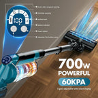 700W Cordless Vacuum Cleaners for Home with 2*Battery 8000mAh, 60kPa Brushless Rechargeable Stick Vacuum with 3 Mode, 6 In 1 Portable Handheld Cordless Vacuum for Pet Hair /Hardwood Floor/Carpet /Dorm