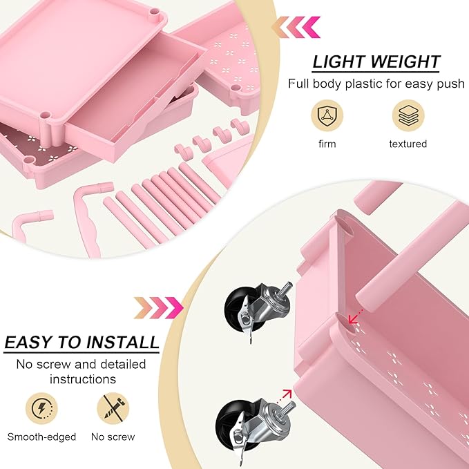 Goovilla 4 Tier Rolling Utility Cart Organizer with Removable Drawer, Stable and Sturdy Pink Rolling Storage Carts with 2 Lockable Wheels for Bathroom, Kitchen, Snack, Craft, Makeup, Baby Essentials