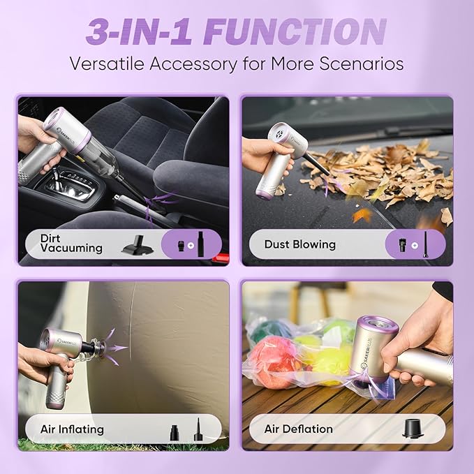 Mini Vacuum Cleaner, 3 in 1 Cordless Handheld Vacuum Cleaners, 18000Pa High Power Car Vacuum Cleaner with Brushless Motor,Adjustable Car Vaccum Portable for Cars,Desktop-DBS03 (Sliver and Purple)