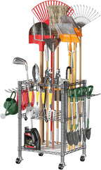 T1 Garden Tool Organizer（with Lockable Wheels） Heavy Duty Garage Tool Storage for Yard，Shed，Outdoor and Lawn，Freestanding Tool Organizers and Storage UP to 50 Tools，Grey with Anti-Tip Device