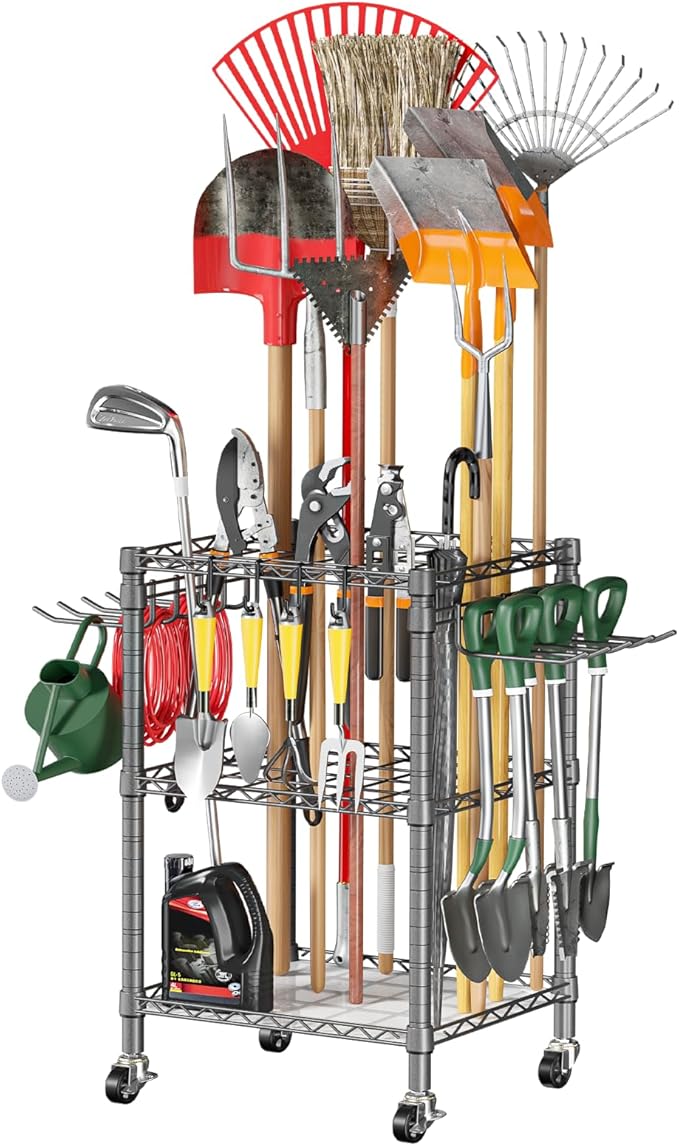 T1 Garden Tool Organizer（with Lockable Wheels） Heavy Duty Garage Tool Storage for Yard，Shed，Outdoor and Lawn，Freestanding Tool Organizers and Storage UP to 50 Tools，Grey with Anti-Tip Device