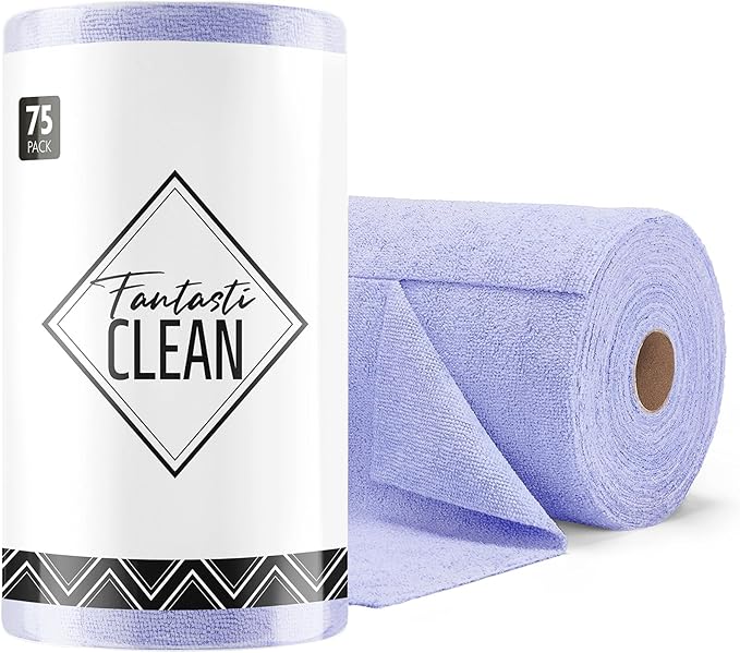 Fantasticlean Microfiber Cleaning Cloth Roll -75 Pack, Tear Away Microfiber Towels, 12" x 12", Reusable, Washable, Scratch Free, Ultra Absorbent Dishcloth for Home Supplies, Car, Pet (Lavender)