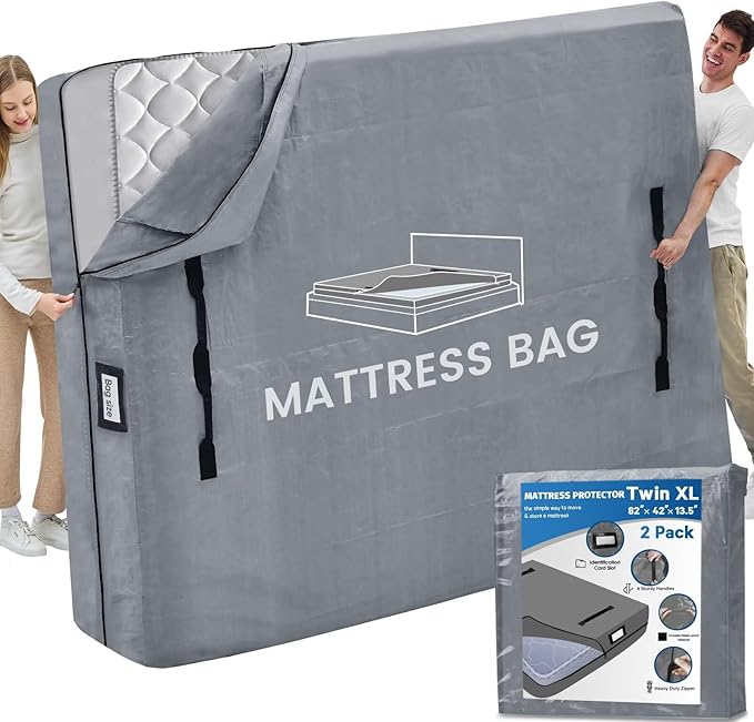 Mattress Bags for Moving and Storage, BETU Waterproof Mattress Protector Twin XL Mattress Cover with 8 Heavy Duty Handles and Zipper Extra Thick Moving Supplies for Dorm (2 Pack:82x42x13.5 Grey)