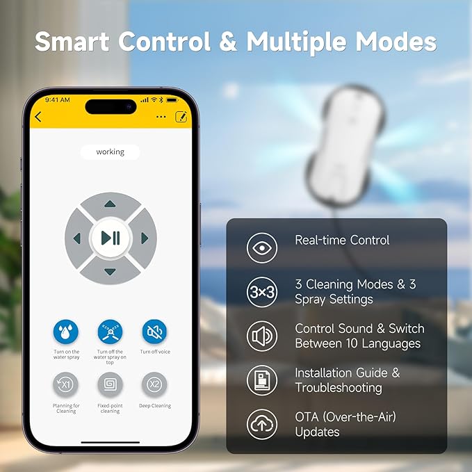 Fmart T11 Window Cleaning Robot, 5300PA Suction, Automatic 4-Way Spraying System, Triple Safety Protection, Smart Navigation, Remote Control, for All Smooth Surfaces, Includes 10 Cleaning Pads. (2025)