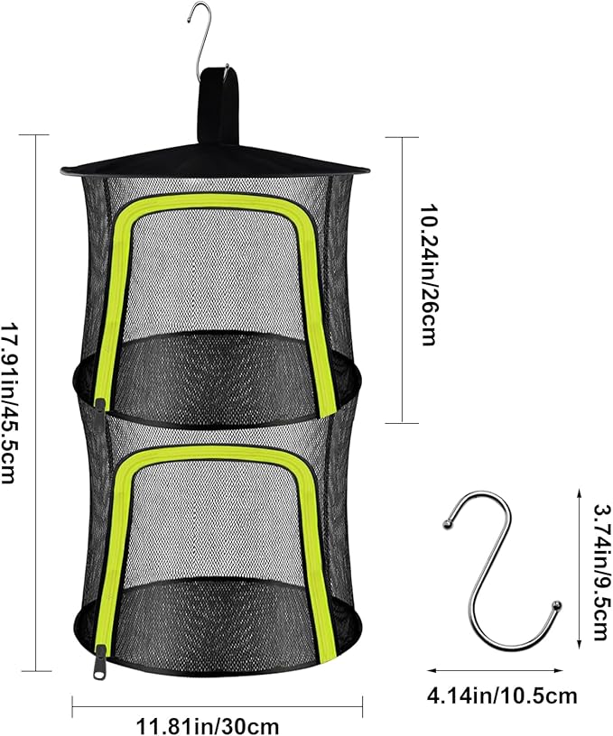 2 Layer Herb Drying Rack, Small Herb Drying Rack Hanging Mesh, Foldable Fish Drying Net with U-Shaped Zipper, Hooks, for Drying Herbs Plants, Flowers, Fruits, Food, Camping(2 Layers-11.81'')