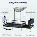 2 Tier Large Dish Drying Rack, Expandable Dish Rack for Kitchen Counter, Dish Drainer with Drainboard Set, Multifunctional Dishrack with Utensil Holder & Cup Holder, 13.4"-28.7" L x 11.8" W