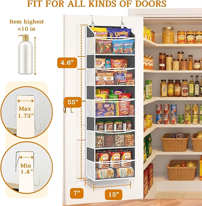 Ofiray-home Over Door Organizer with 5 Large Pockets, 5 Transparent Front Pockets & 10 Mesh Side Pockets, 50 lbs Weight Capacity Hanging Storage for Toys, Shoes, Diapers, Pantry – Grey