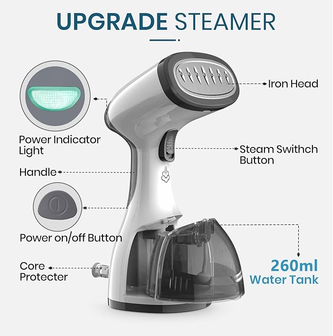 Steamer for Clothes, Kolohoso 1500W Fast Heat Up Handheld Garment Steamer, Portable Travel Clothing Fabric Steamer with Upgraded Nozzle and 260ml Water Tank (Grey)