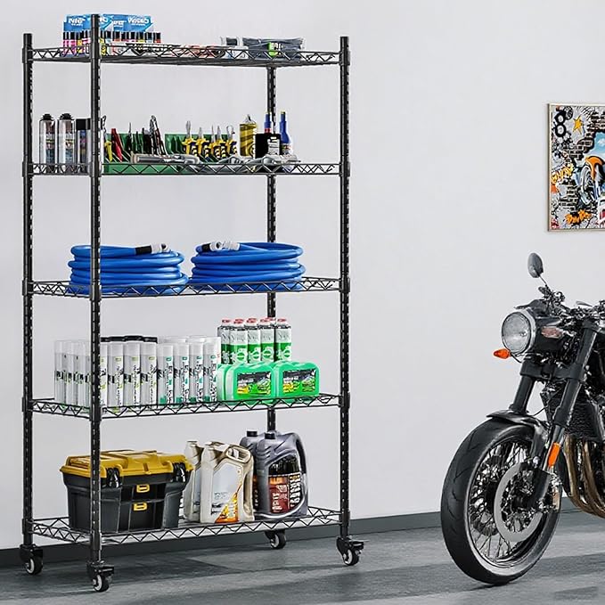 5 Shelf Storage Rack Adjustable Organizer with Wheels Metal Heavy Duty Standing Shelf Units for Terrace Garage Kitchen Bathroom Black 29.53” L x 13.78” W x 63.86” H (Black, 5 Shelf with Wheel)