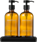 Glass Kitchen Soap Dispenser Set with Ceramic Tray,16.9 floz Hand and Dish Soap Dispenser for Kitchen and Bathroom Decor,Amber Kitchen Accessories(Amber Bottles + Black Pumps)