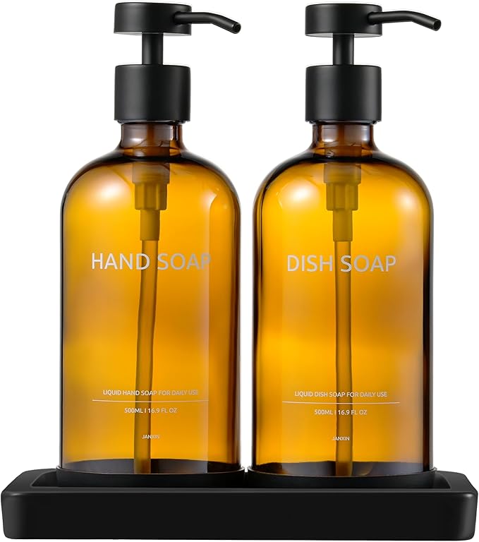 Glass Kitchen Soap Dispenser Set with Ceramic Tray,16.9 floz Hand and Dish Soap Dispenser for Kitchen and Bathroom Decor,Amber Kitchen Accessories(Amber Bottles + Black Pumps)