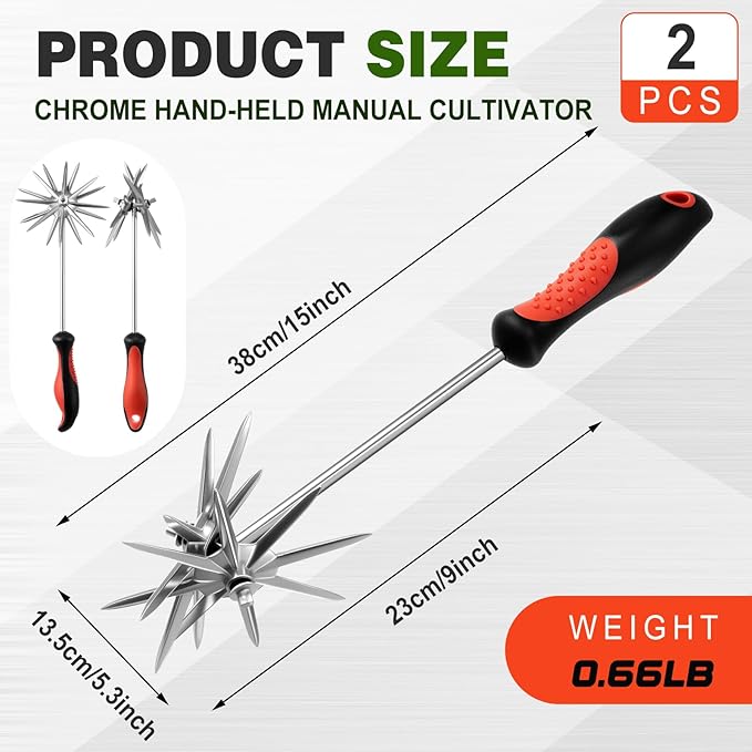2 Pack Hand Cultivator Tiller Garden Tool Manual Rotary Short Hand-held Tiller Digging Soil Loosener for Softer Soils and Lawns Loosening Pulling Weed
