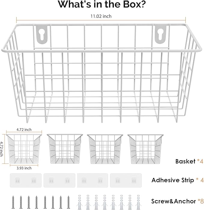 MaraFansie Hanging Wire Baskets Kitchen Storage Basket Adhesive and Screws Basket Over the Cabinet Door Organizer with Adhesive Strips and Screws Accessories, White, 4 Pack