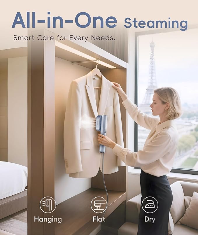 Travel Steamer for Clothes, 100-240V Dual Voltage Portable Garment Steamer, 1000W Travel Size Handheld Steamer & Iron 2 in 1 for Global & Europe Travel, Business, Home, Silver