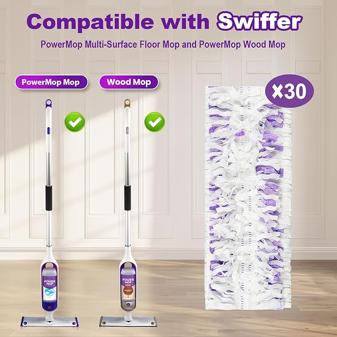 30 Count Mop Pad Refills, Compatible with Swiffer PowerMop Multi-Surface Mop, Absorbent Cleaning Pads for Hardwood, Tile & Laminate Floors