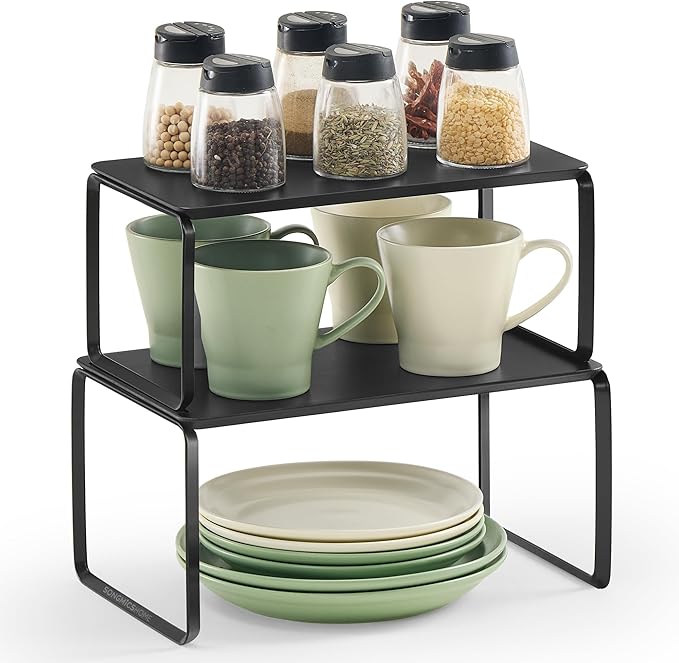 SONGMICS HOME Bamboo Cabinet Organizer Shelf, Nice-Looking Set of 2 Kitchen Counter Shelves, Kitchen Storage, Spice Rack, Stackable, Expandable, Ink Black UKCS050B01V1
