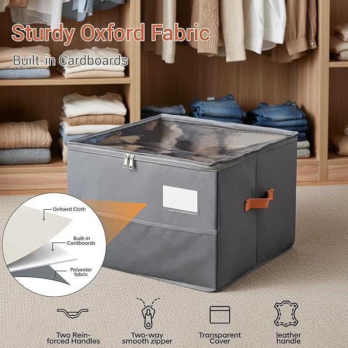 Shoe Organizer for Closet, Foldable Shoe Storage Organizer Containers with Clear Cover, Space Saving Shoes Holder with Handles, Gray (1, Large)