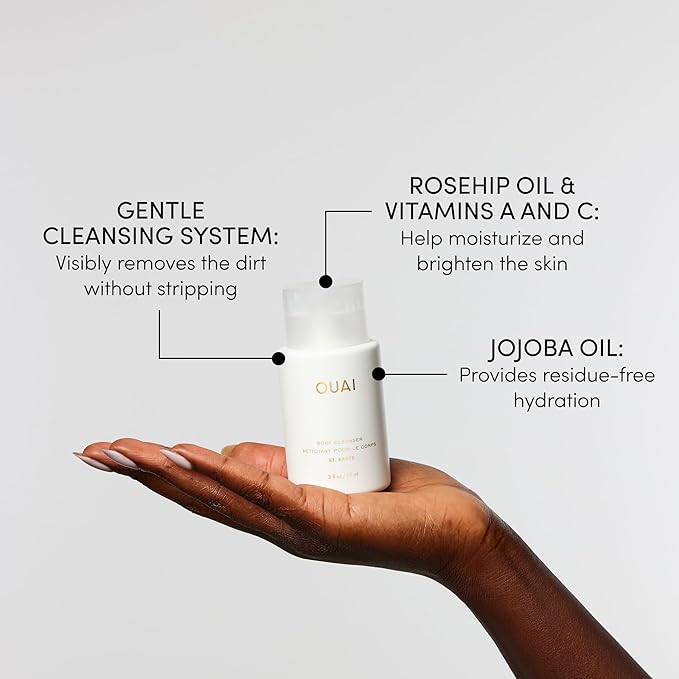 OUAI Body Cleanser, St. Barts Travel Size - Foaming Body Wash with Jojoba Oil & Rosehip Oil to Hydrate, Balance & Soften Skin - Paraben, Phthalate & Sulfate Free Skin Care Products (3 fl oz)