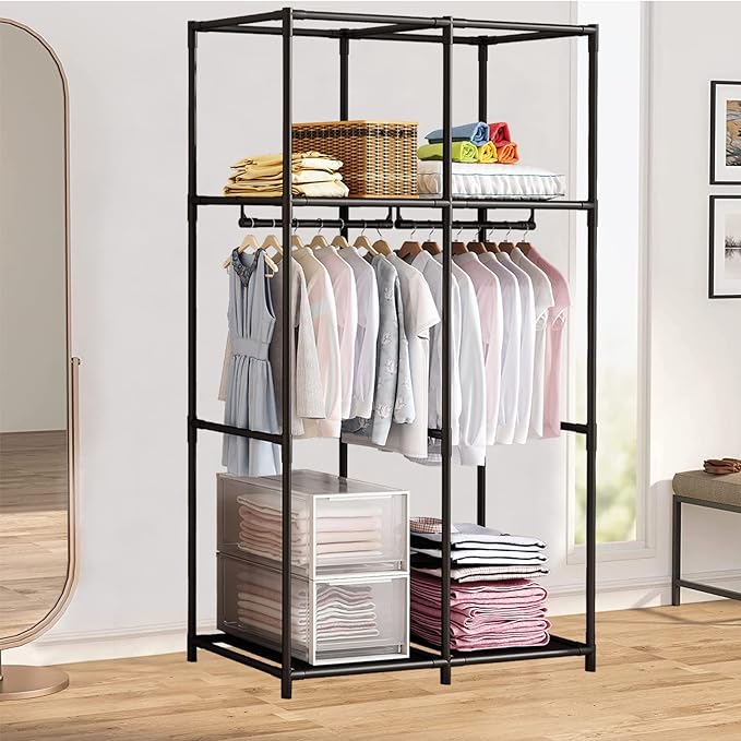 SORCEDAS Portable Wardrobe Closet Storage Organizer Metal Hanging Rack Non-Woven Fabric 34 Inch Coffee (34 Inch, Blue)