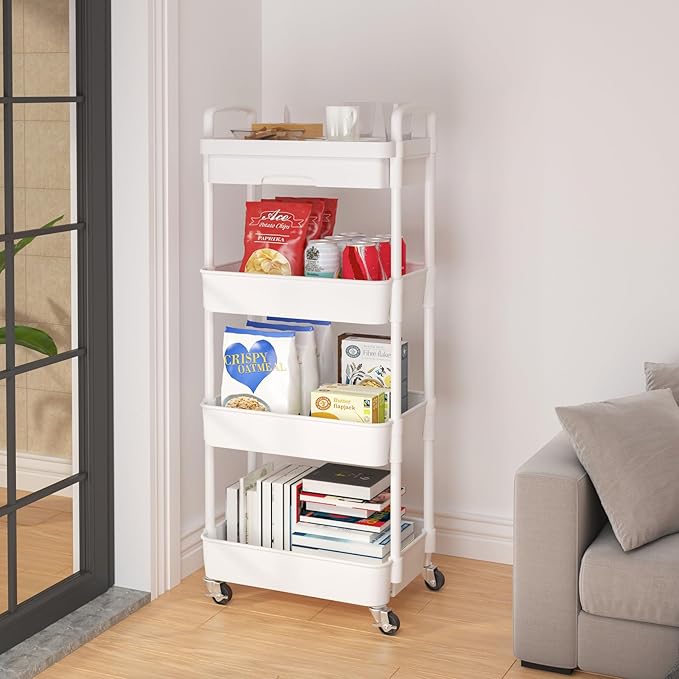 Calmootey 4-Tier Rolling Utility Cart with Drawer,Multifunctional Storage Organizer with Plastic Shelf & Metal Wheel,Storage Cart for Kitchen,Bathroom,Living Room,Office,White
