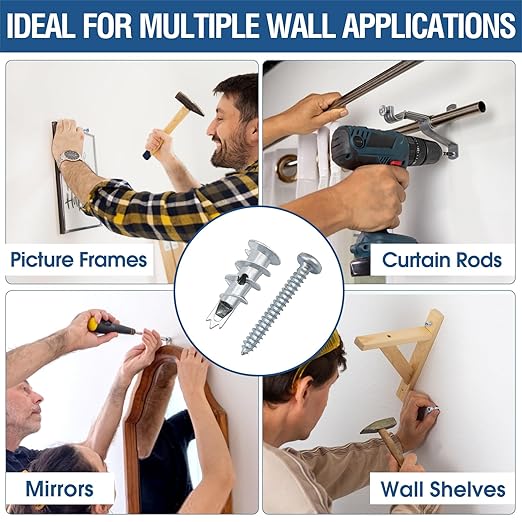 60 PCS Self-Drilling Drywall Anchors with #8 x 1-1/4" Screws – Heavy-Duty Zinc Alloy Anchors Kit for Drywall, Sheetrock & Hollow Walls, No Pre-Drilling Needed