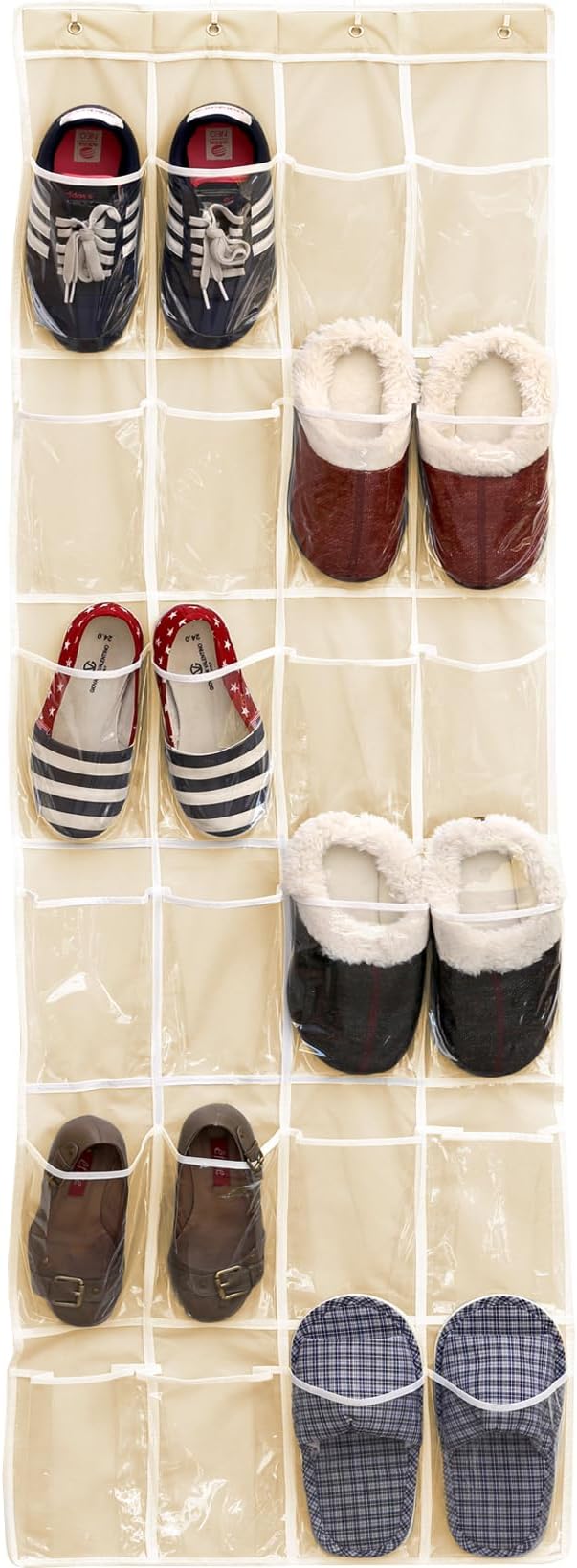 SIMPLE HOUSEWARE 24 Pockets - Crystal Clear Over The Door Hanging Shoe Organizer, Beige (64'' x 19'')