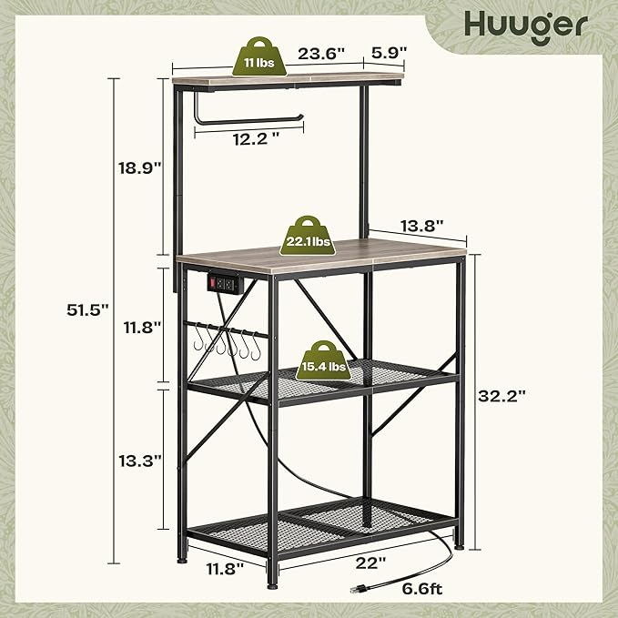 Huuger 4-Tier Bakers Rack with Reversible Power Outlet, 23.6 Inch Microwave Stand, Kitchen Bar, with Top Shelf, 6 S Hooks, Greige